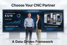 OEM executives in a modern command center analyze a data dashboard for supplier evaluation, displaying scores for technical depth, quality control, and resilience, alongside a live feed of a CNC milling machine, illustrating a data-driven partner selection process