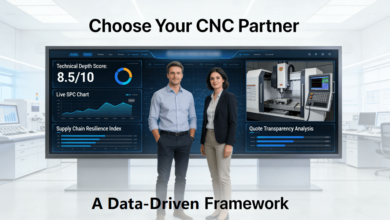 OEM executives in a modern command center analyze a data dashboard for supplier evaluation, displaying scores for technical depth, quality control, and resilience, alongside a live feed of a CNC milling machine, illustrating a data-driven partner selection process