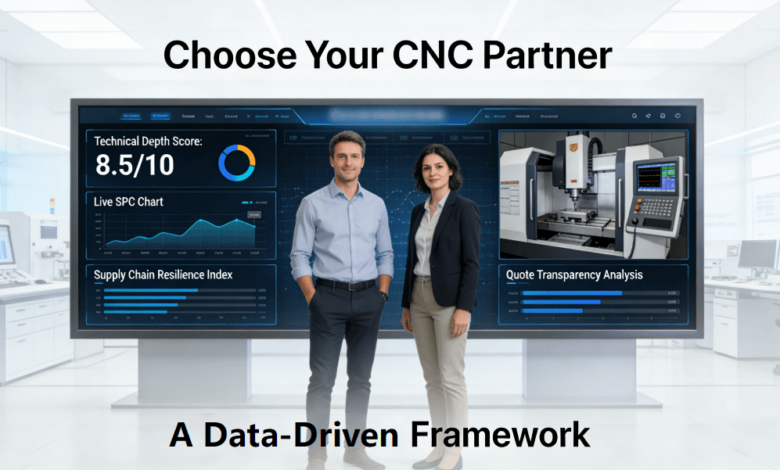 OEM executives in a modern command center analyze a data dashboard for supplier evaluation, displaying scores for technical depth, quality control, and resilience, alongside a live feed of a CNC milling machine, illustrating a data-driven partner selection process