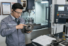 A manufacturing engineer in safety gear inspects a high-precision planetary gear in a modern CNC machining workshop, with a 5-axis machine and quality certification board (ISO 9001, IATF 16949) in the background, illustrating the supplier assessment process