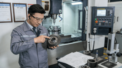 A manufacturing engineer in safety gear inspects a high-precision planetary gear in a modern CNC machining workshop, with a 5-axis machine and quality certification board (ISO 9001, IATF 16949) in the background, illustrating the supplier assessment process