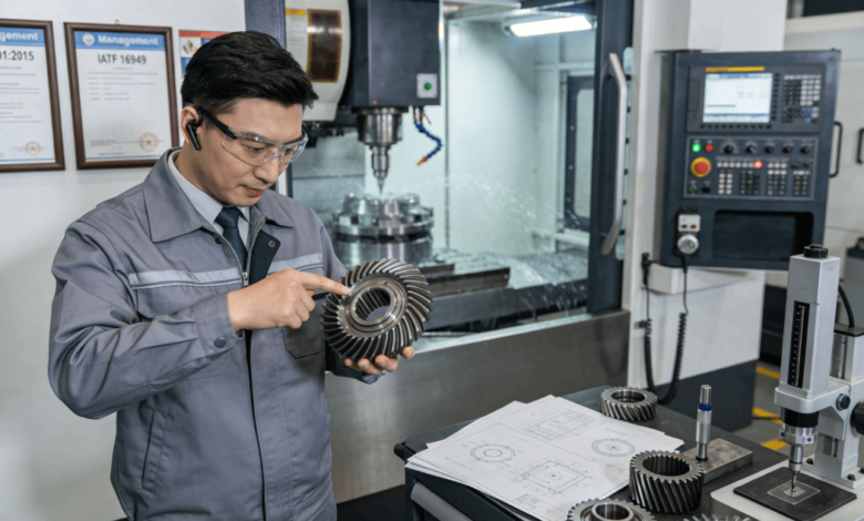 A manufacturing engineer in safety gear inspects a high-precision planetary gear in a modern CNC machining workshop, with a 5-axis machine and quality certification board (ISO 9001, IATF 16949) in the background, illustrating the supplier assessment process